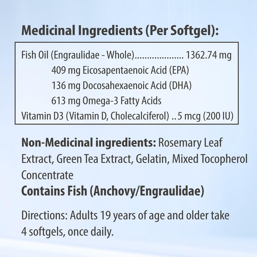 AQUAOMEGA 3X Extra Strength High EPA Fish Oil Omega 3 Supplements, Wild Caught Triple Strength Omega 3 Fish Oil Capsules with EPA, DHA and Vitamin D, Omega3 Supplements Made in Canada,120 Softgels - Available at All In One Marketplace Canada