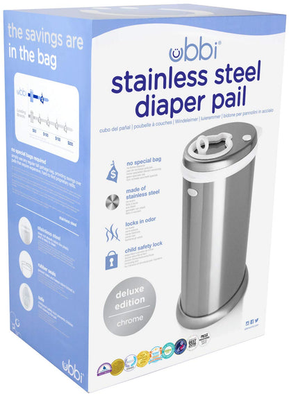 Ubbi Limited Edition, Money Saving, No Special Bag Required, Steel Odor Locking Diaper Pail, Chrome, 3.18 ounces Ubbi
