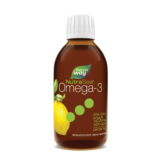 Nature's Way NutraSea Omega 3 Fish Oil Liquid Supplement – Zesty Lemon Flavour, Non-GMO – Heart & Brain Support for Adults and Kids Ages 1+ – 1250mg EPA & DHA, 200 mL