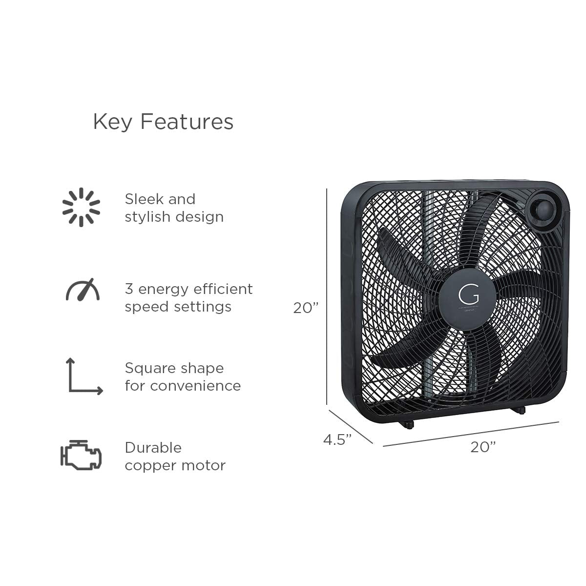 Genesis 20" Box Fan, 3 Settings, Max Cooling Technology, Carry Handle, Black (G20BOX-BLK) Genesis