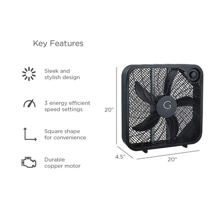 Genesis 20" Box Fan, 3 Settings, Max Cooling Technology, Carry Handle, Black (G20BOX-BLK) Genesis