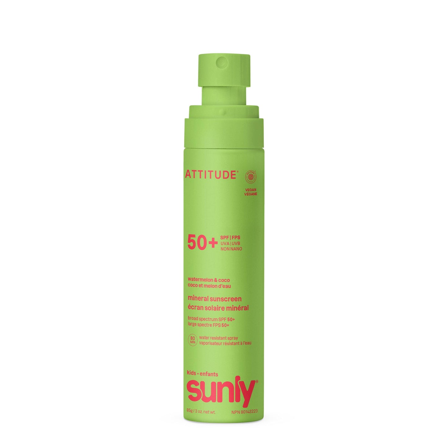 ATTITUDE Kids Mineral Sunscreen Lightweight Lotion SPF 50, Broad Spectrum Zinc Oxide, EWG Verified, Non-Nano, Water-Resistant 80 Minutes, Non-Greasy for Face & Body, Vegan, Watermelon & Coco Scent, 80 grams - Available at All In One Marketplace Canada
