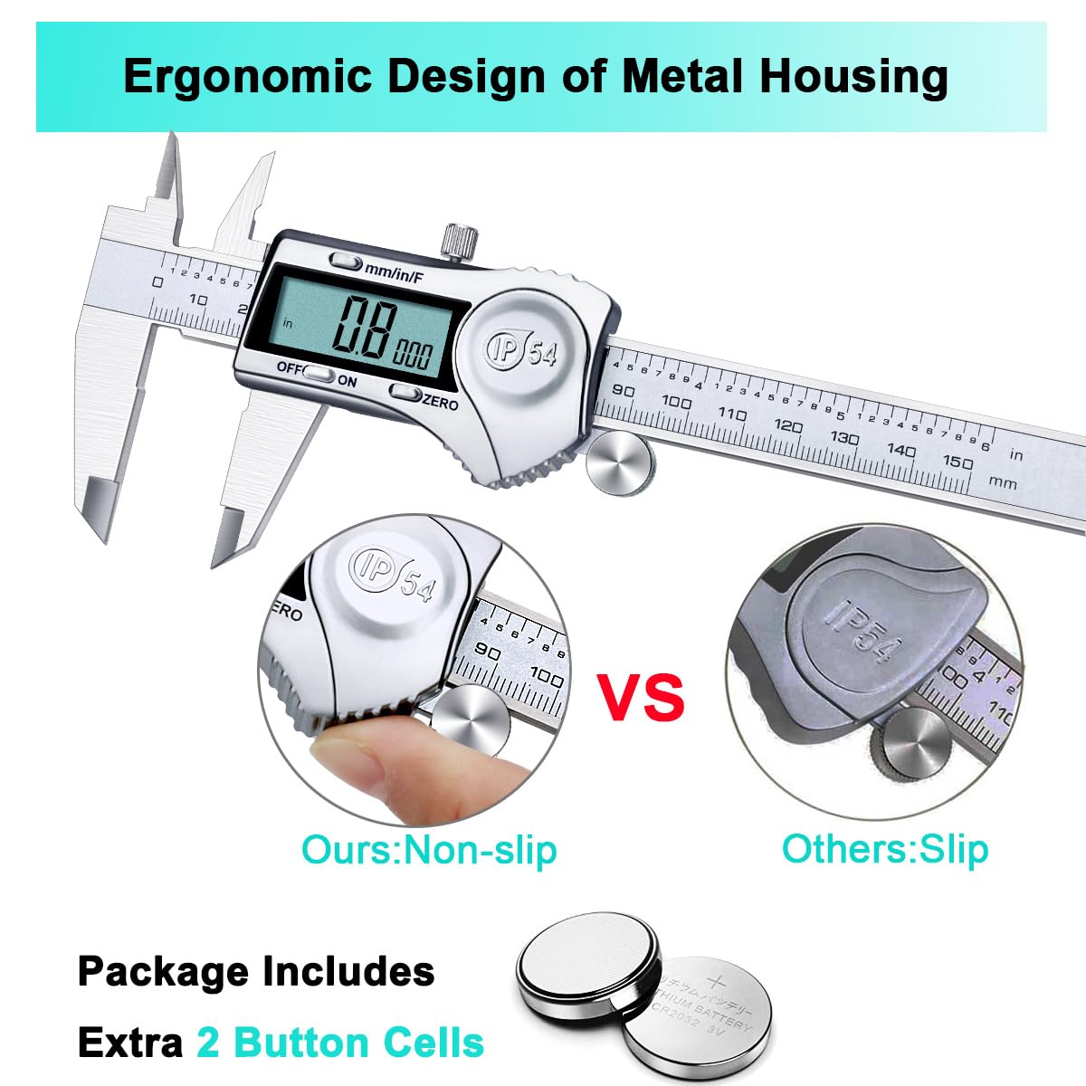 Kynup Digital Caliper, Calipers 6 Inch Measuring Tool with Stainless Steel, IP54 Splash Proof Protection Design, Easy Switch from Inch Metric Fraction, Large LCD Screen (150mm)