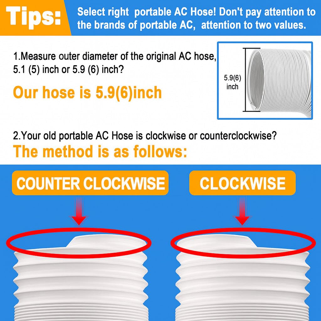 Air Conditioner Hose, Portable Exhaust Vent Hose with 5.9 Inch （6”） Diameter, Counterclockwise AC Hose Length to 80 Inch, Universal Replacement AC Vent Hose for LG and Many More Portable AC - Available at All In One Marketplace Canada