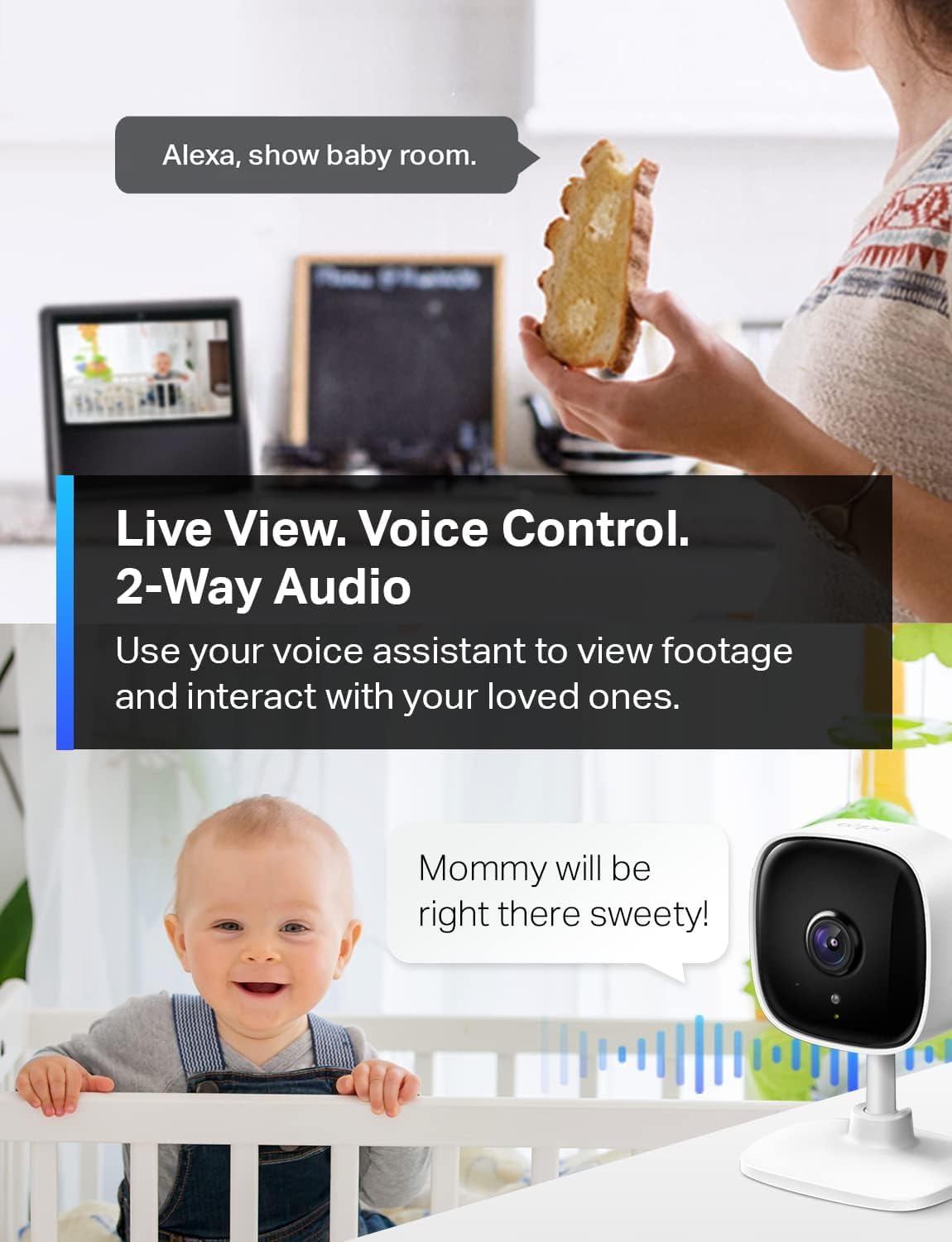 Tapo Smart Home Security WiFi Camera for Baby/Pet, 2.4GHz Wi-Fi Connection Required, 1080p (Full HD), Up to 30 ft Night Vision, Up to 128 GB microSD Card Slot, Works w/Alexa and Google (Tapo C100)