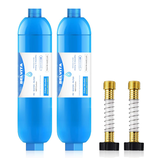 RV Inline Water Filter with Flexible Hose Protector,Dedicated for RVs and Marines,2 Pack Drinking & Washing Filter,Reduces Lead,Fluoride,Chlorine,Bad Taste & Odor