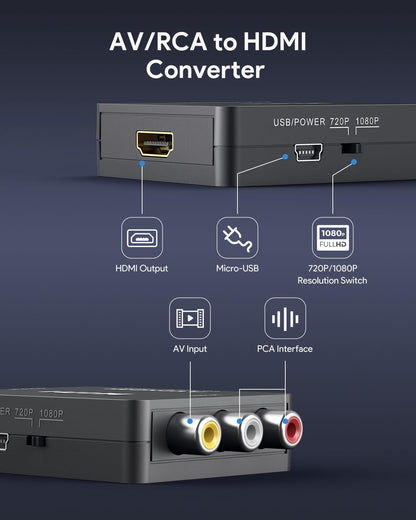 ABLEWE RCA to HDMI,AV to HDMI Converter, 1080P Mini RCA Composite CVBS Video Audio Converter Adapter Supporting PAL/NTSC for TV/PC/ PS3/ STB/Xbox VHS/VCR/Blue-Ray DVD Players