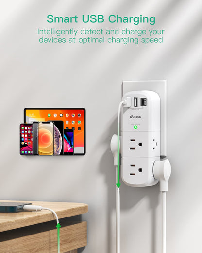 USB Outlet Extender Surge Protector - with Rotating Plug, 6 AC Multi Plug Outlet and 3 USB Ports (1 USB C), 3-Sided Swivel Power Strip with Spaced Outlet Splitter for Home, Office, Travel