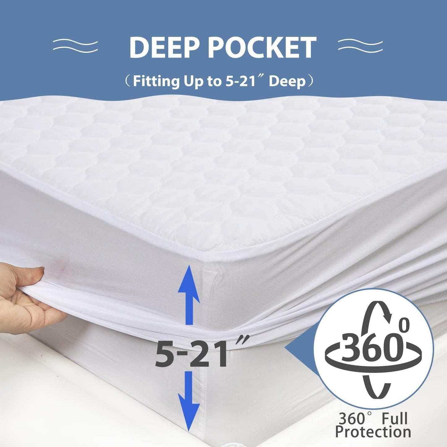 HYMOKEGE Quilted Mattress Protector Queen Size, 100% Waterproof Mattress Cover for Queen Size Bed, Breathable & Noiseless Bed Pad Cover with 5"-21" Deep Pocket - Available at All In One Marketplace Canada
