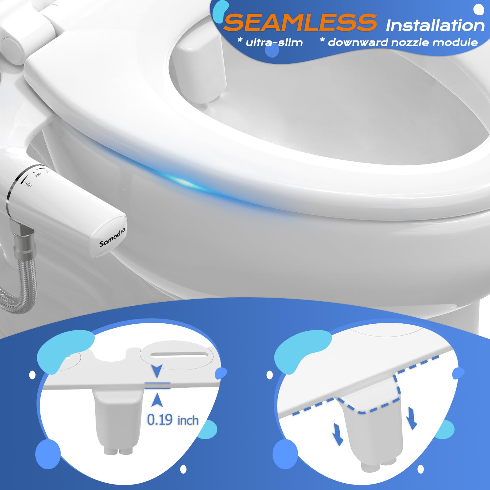 SAMODRA Ultra-Slim Bidet Attachment, Minimalist Non-Electric Dual Nozzle (Frontal & Rear Wash) Adjustable Water Pressure, Fresh Water Bidet Toilet Seat Attachment, Easy to Install