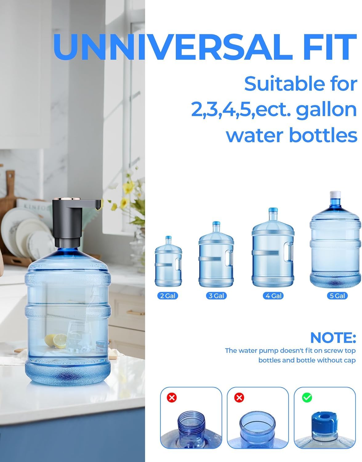 Water Dispenser Pump Water Pump for 5 Gallon Bottles, USB Rechargeable Water Bottle Pump, Portable Water Jug Dispenser for Home, Kitchen, Office, Camping