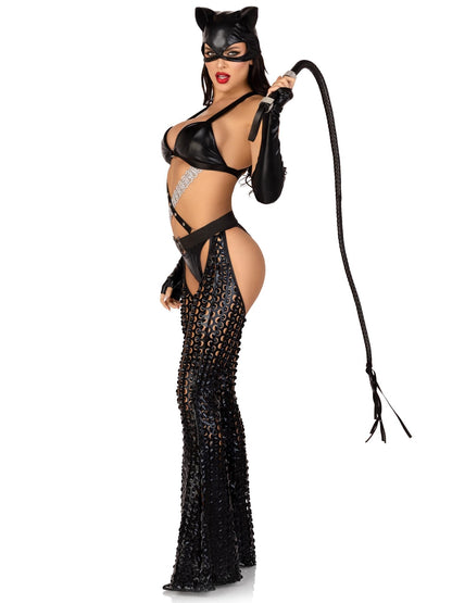 Déguisement d'Halloween 3 pièces Mistress Kitty pour femme Leg Avenue avec combinaison, XS, noir