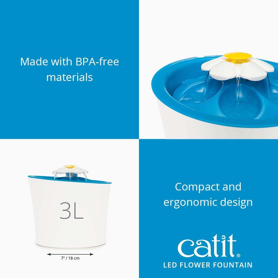 Catit LED Flower, Cat Water Fountain with Triple Action Filter, Blue 3L, Modern Cat Fountain, Fontaine Pour Chat, Pet Water Fountains, Perfect for Indoor Cats Catit