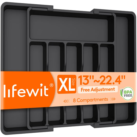 Lifewit Extra Large Cutlery Organizer, Expandable Silverware Drawer Organizer for Kitchen, Adjustable Cutlery Tray Drawer Organizer for Spoon Forks Knives, Cutlery Crocks, 13-22 x 15", Black