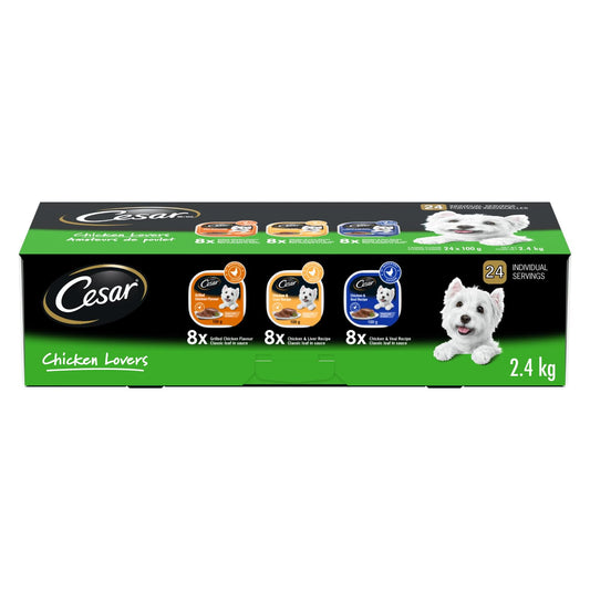 CESAR Classic Loaf in Sauce Adult Wet Dog Food Chicken Lovers Variety Pack, 8 Grilled Chicken Flavour, 8 Chicken & Liver Recipe, 8 Chicken & Veal Recipe 24x100g Trays