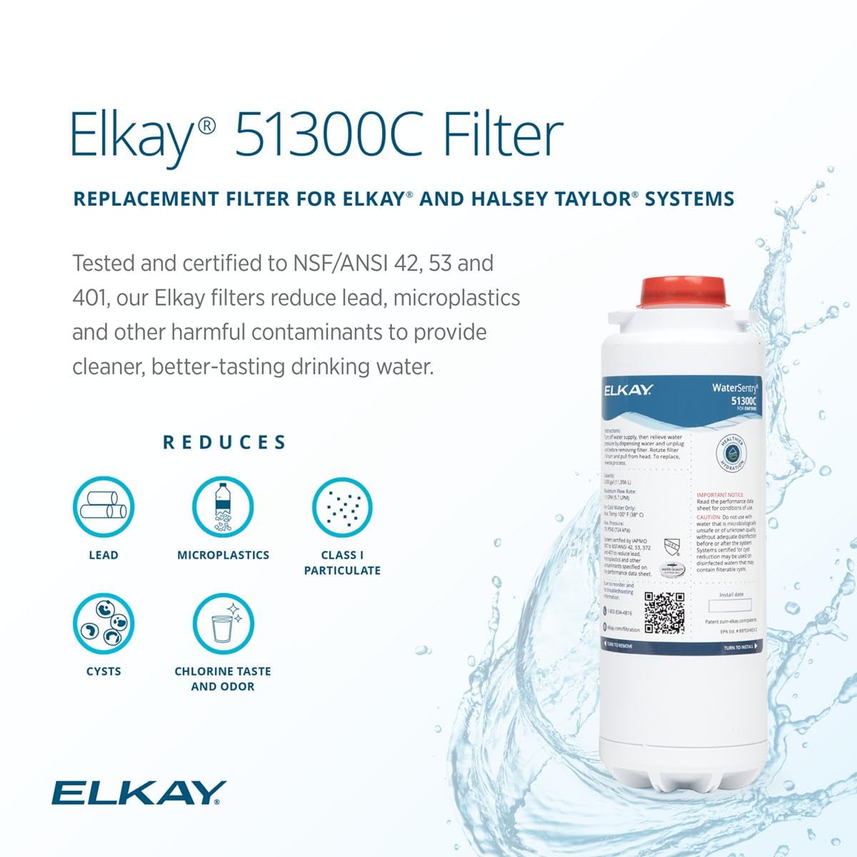 Elkay 51300C-3PK Water Filter for Water Sentry Plus EZH 20, English, Plastic, 4.4" x 13.9" x 13.8", 103.55 fl. oz. (Pack of 3)
