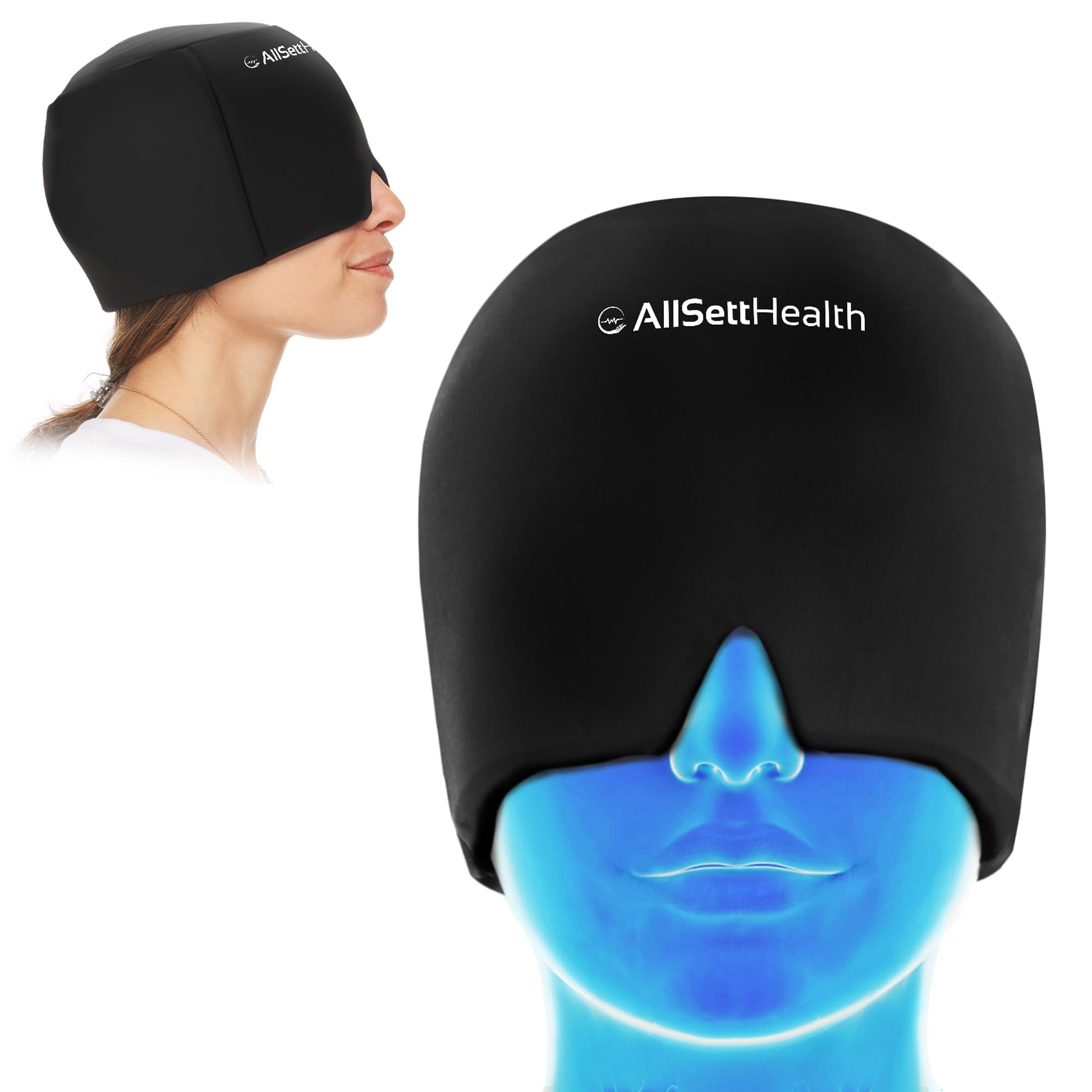 AllSett Health Headache Migraine Relief Cap - Cold Headache Hat for Migraine | Patented Headache Mask & Migraine Hat -Hot and Cold Therapy Cap for Puffy Eyes, Tension, Sinus and Stress Relief
