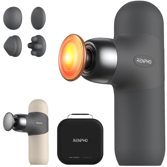 RENPHO Mini Thermal Massage Gun with Heat, Fathers Day Present, Portable Fashion Massager Gun, Color Silicone Sleeves, 4 Intensities, 4 Heads, Travel Size with Carry Case Grey - Available at All In One Marketplace Canada