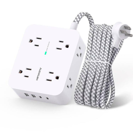Surge Protector Power Bar - 8 Outlets 4 USB Charging Ports(2 USB C), Power Strip with 5Ft Braided Extension Cord, Flat Plug, Wall Mount Desk USB C Charging Station for Home Office College Essentials