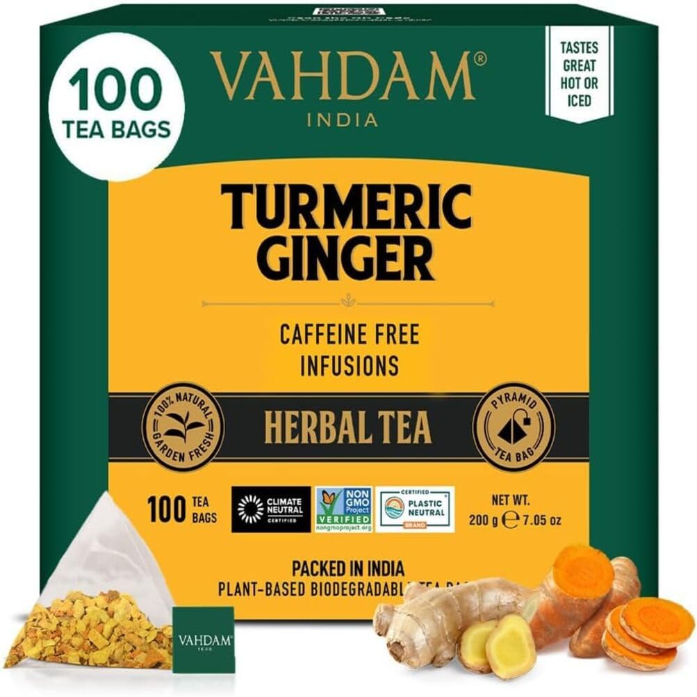 VAHDAM Turmeric Ginger Herbal Tea - 100 Pyramid Tea Bags | Caffeine Free, Non-GMO, Gluten Free