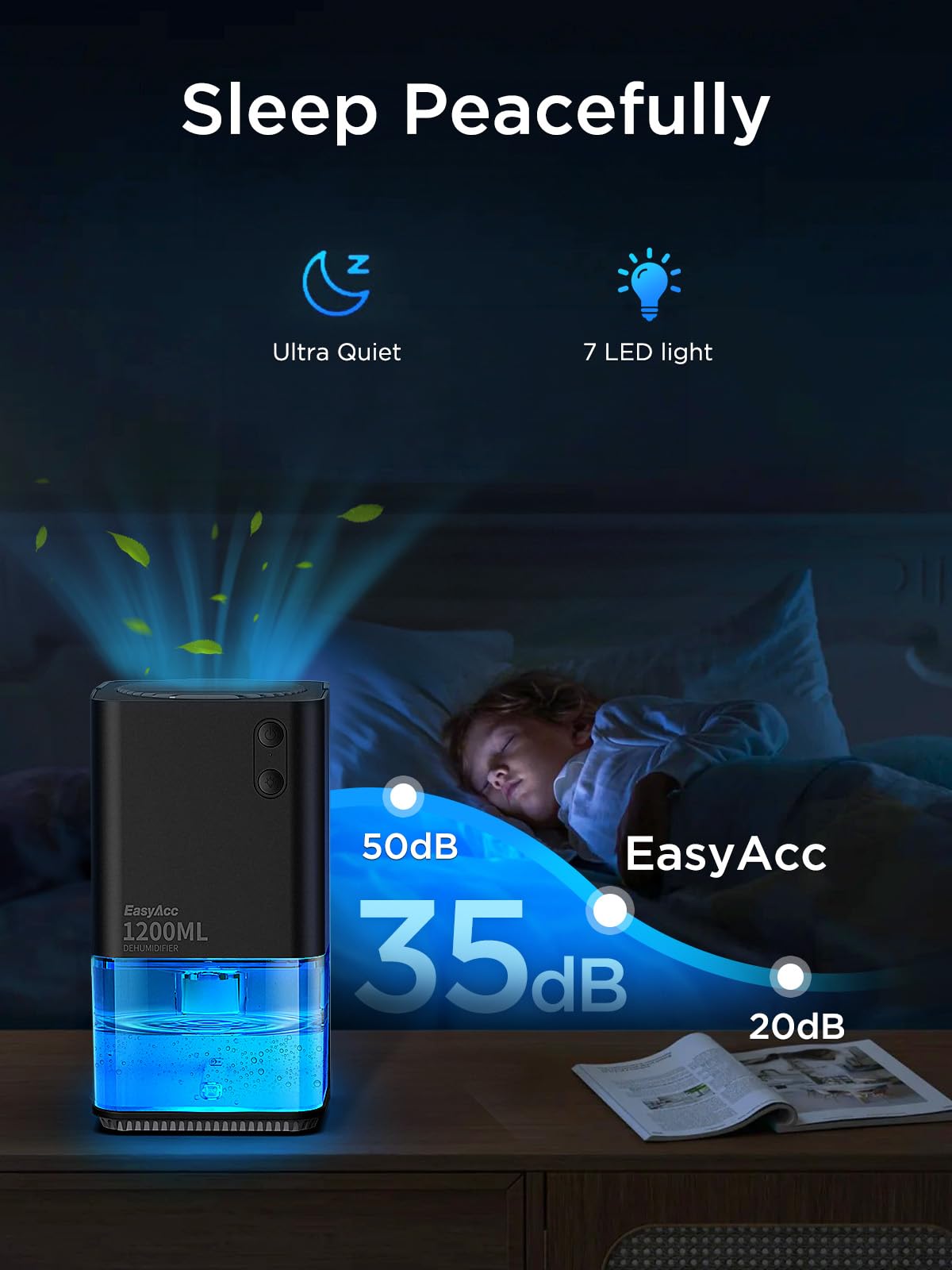 EasyAcc Dehumidifiers for Home Basements, 40oz Air Dehumidifier for Home(450sq ft) with Handle/7 LED Lights, Ultra Quiet & Auto Shut off Dehumidifiers for Bedroom Bathroom Closet RV 1200ml Black