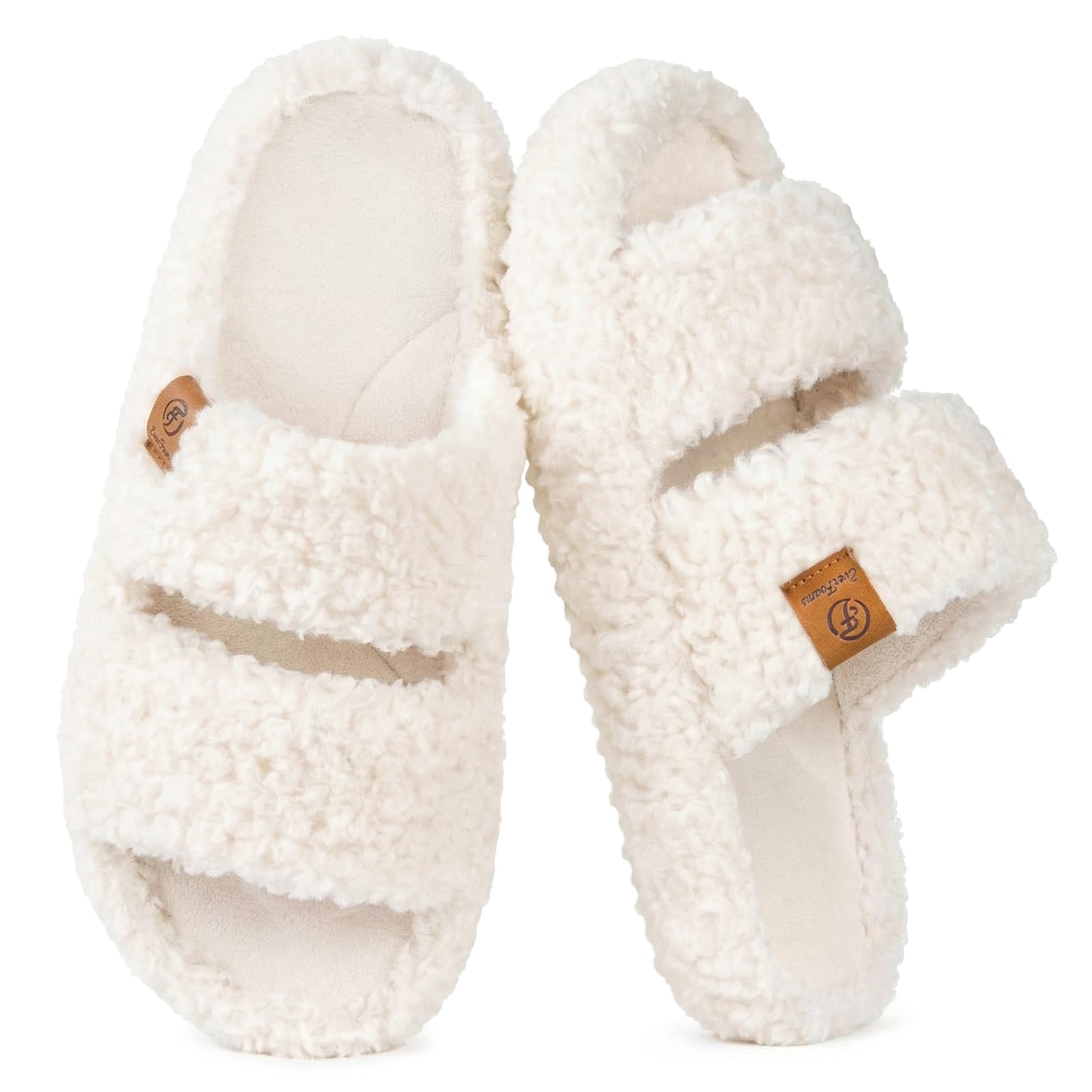 EverFoams Womens Fuzzy Open-toe Slippers Soft Comfy Memory Foam Indoor House Shoes Vanilla Ice,7-8 US