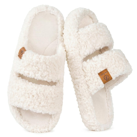 EverFoams Womens Fuzzy Open-toe Slippers Soft Comfy Memory Foam Indoor House Shoes Vanilla Ice,7-8 US