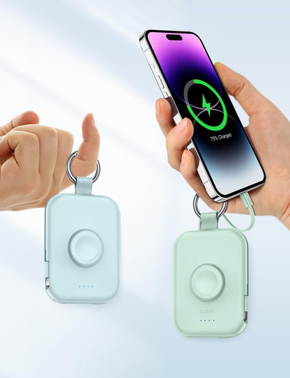 RORRY CharmGo Portable Charger, 5000mAh Portable Charger Power Bank with Built-in Cables, Travel Keychain Battery Pack for Apple Watch Ultra 3/2/10/9/8/Ultra/7/6/SE, iPhone 17/16/15, Blue