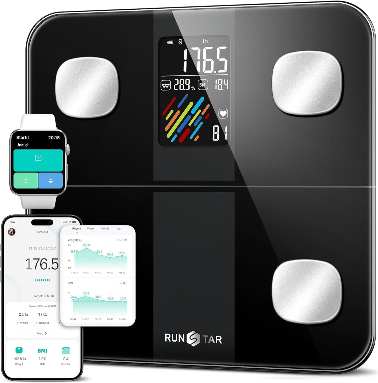 RunStar Smart Scale for Body Weight and Fat Percentage, High Accuracy Digital Bathroom Scale with Large Display for BMI Heart Rate 15 Body Composition Analyzer Sync with Fitness App 400lb runstar