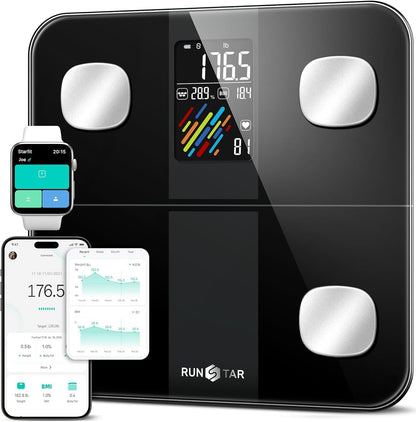 RunStar Smart Scale for Body Weight and Fat Percentage, High Accuracy Digital Bathroom Scale with Large Display for BMI Heart Rate 15 Body Composition Analyzer Sync with Fitness App 400lb runstar