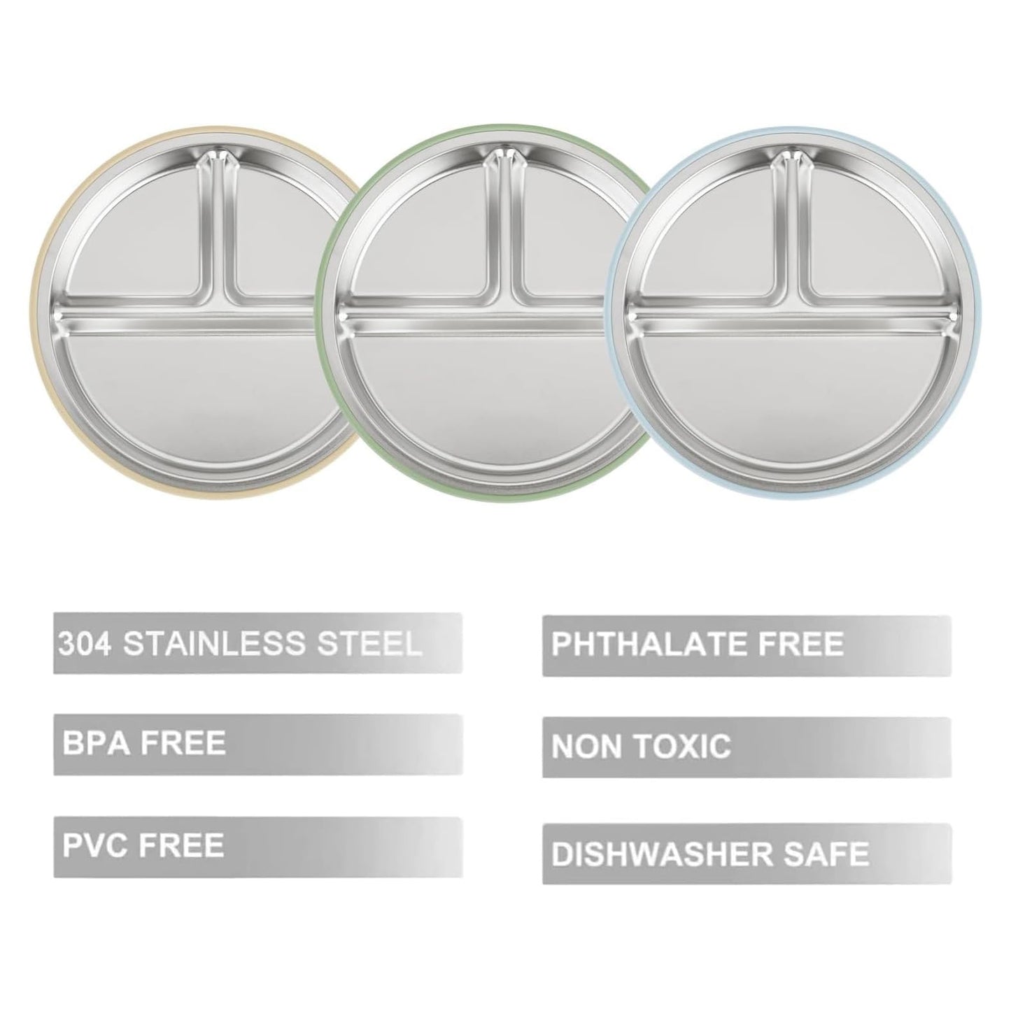 PandaEar 3 Pack Stainless Steel Baby Plates with Suction, Divided Toddler Plate for Baby Led Weaning Supplies, Non-Slip Suction Plates Baby Feeding Set, Dishwasher Safe (Blue/Green/Brown) - Available at All In One Marketplace Canada