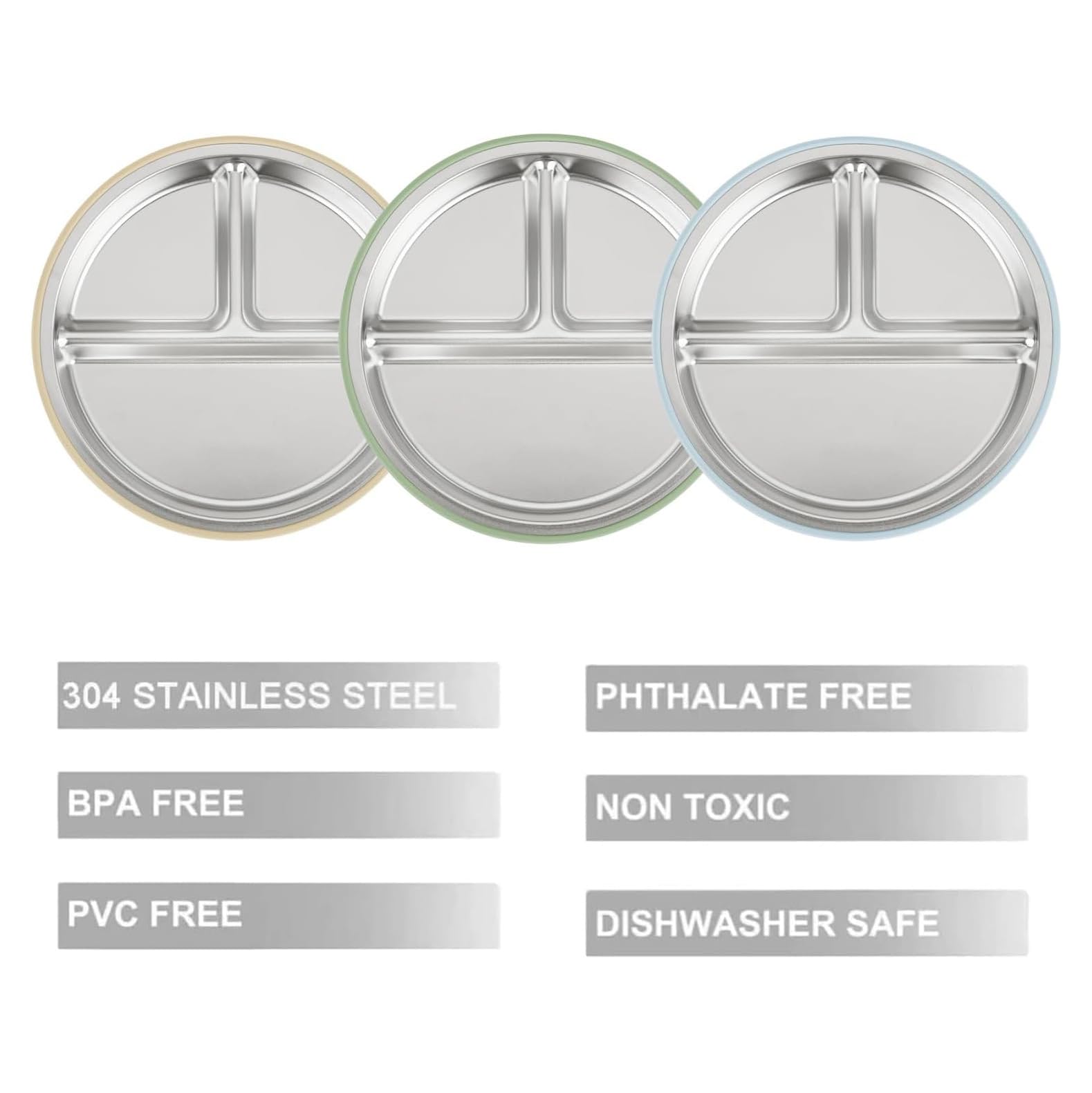 PandaEar 3 Pack Stainless Steel Baby Plates with Suction, Divided Toddler Plate for Baby Led Weaning Supplies, Non-Slip Suction Plates Baby Feeding Set, Dishwasher Safe (Blue/Green/Brown) - Available at All In One Marketplace Canada