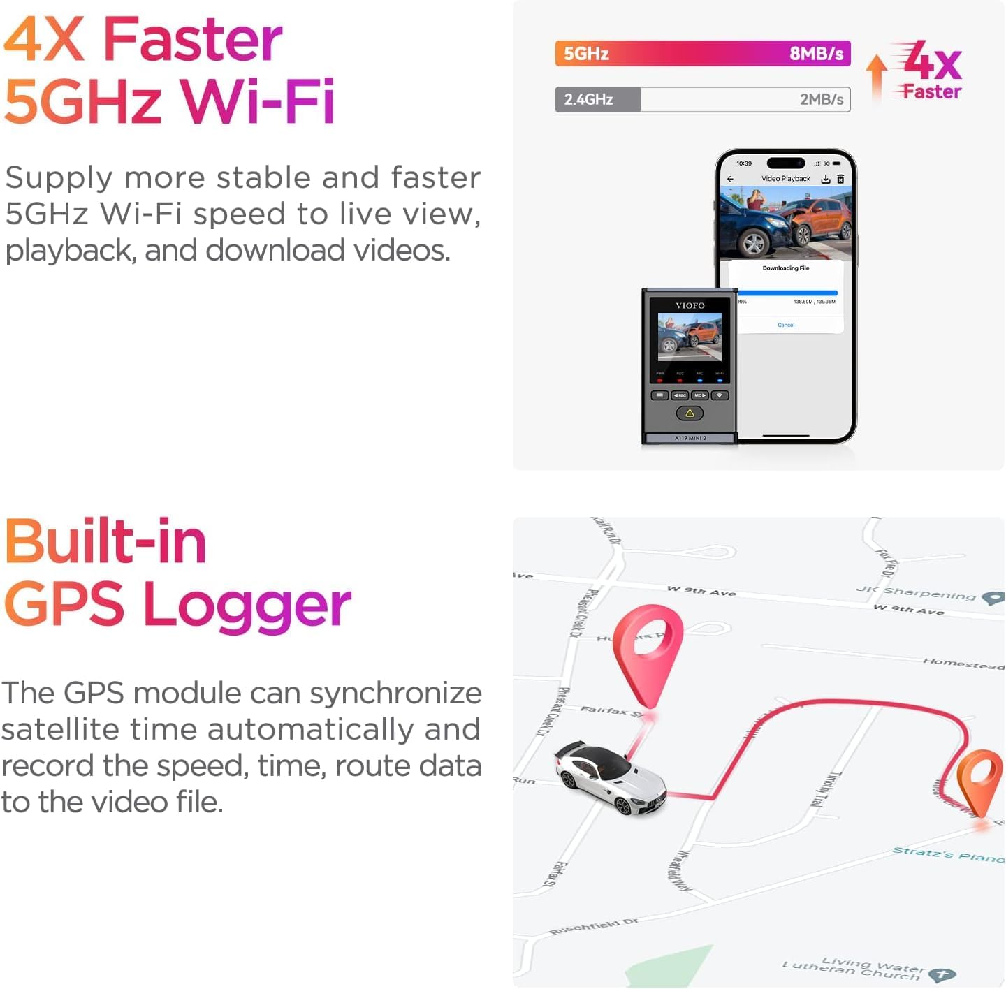 VIOFO Dash Cam Front A119 Mini 2, STARVIS 2 Sensor, 2K 60fps/HDR 30fps Voice Control Car Dash Camera with 5GHz Wi-Fi GPS, Night Vision 2.0, 24H Parking Mode, Supercapacitor (SD Card Not Included) - Available at All In One Marketplace Canada