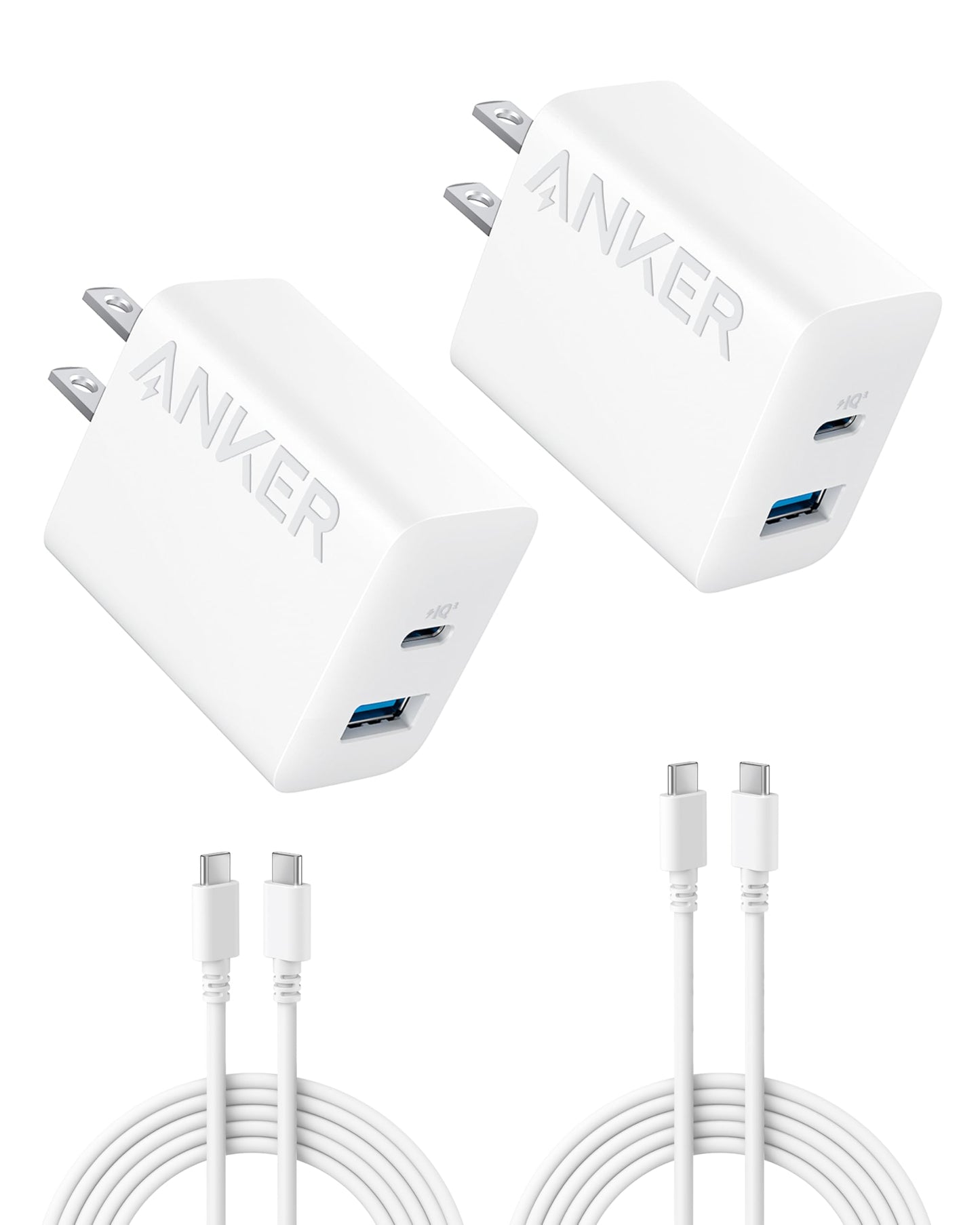 Anker iPhone 17/16 Charger, 2-Pack 20W Fast USB C Charger Block, for iPhone 17/16/16 Pro Max/15 Series/iPad Pro and More (2 Pack & 2 Cable)(White) - Available at All In One Marketplace Canada