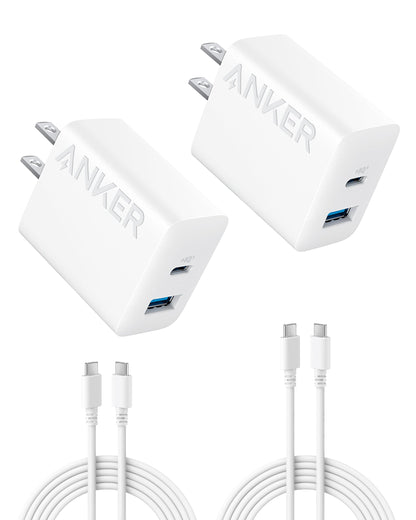 Anker iPhone 17/16 Charger, 2-Pack 20W Fast USB C Charger Block, for iPhone 17/16/16 Pro Max/15 Series/iPad Pro and More (2 Pack & 2 Cable)(White) - Available at All In One Marketplace Canada