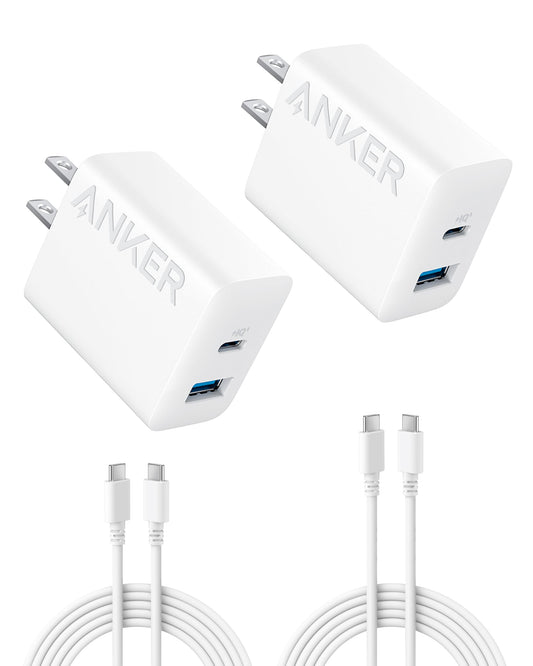 Anker iPhone 17/16 Charger, 2-Pack 20W Fast USB C Charger Block, for iPhone 17/16/16 Pro Max/15 Series/iPad Pro and More (2 Pack & 2 Cable)(White) - Available at All In One Marketplace Canada