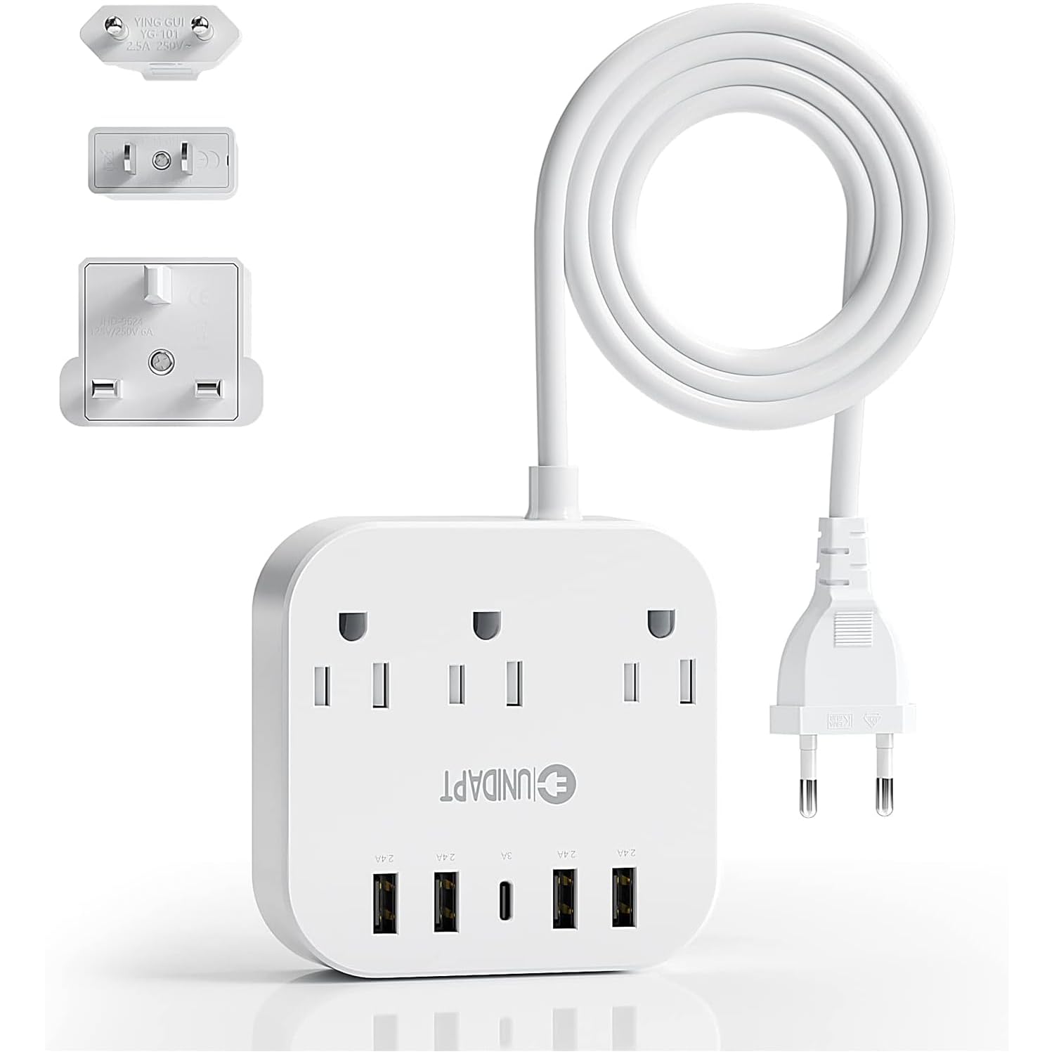 Unidapt European Plug Adapter, Unidapt US to UK Europe Power Strip for EU/UK/US with USB C and 4 USB Ports, 3 AC Outlets, Wall Mountable, 5ft Cord, for Travel Cruise Ship Home (WSS-603)