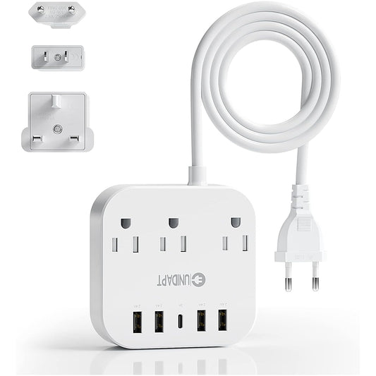 Unidapt European Plug Adapter, Unidapt US to UK Europe Power Strip for EU/UK/US with USB C and 4 USB Ports, 3 AC Outlets, Wall Mountable, 5ft Cord, for Travel Cruise Ship Home (WSS-603)