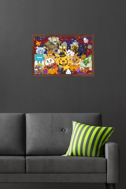 Pokémon: Halloween Party- Group Wall Poster, 22.4L" x 14.7W", Mahogany Framed Version