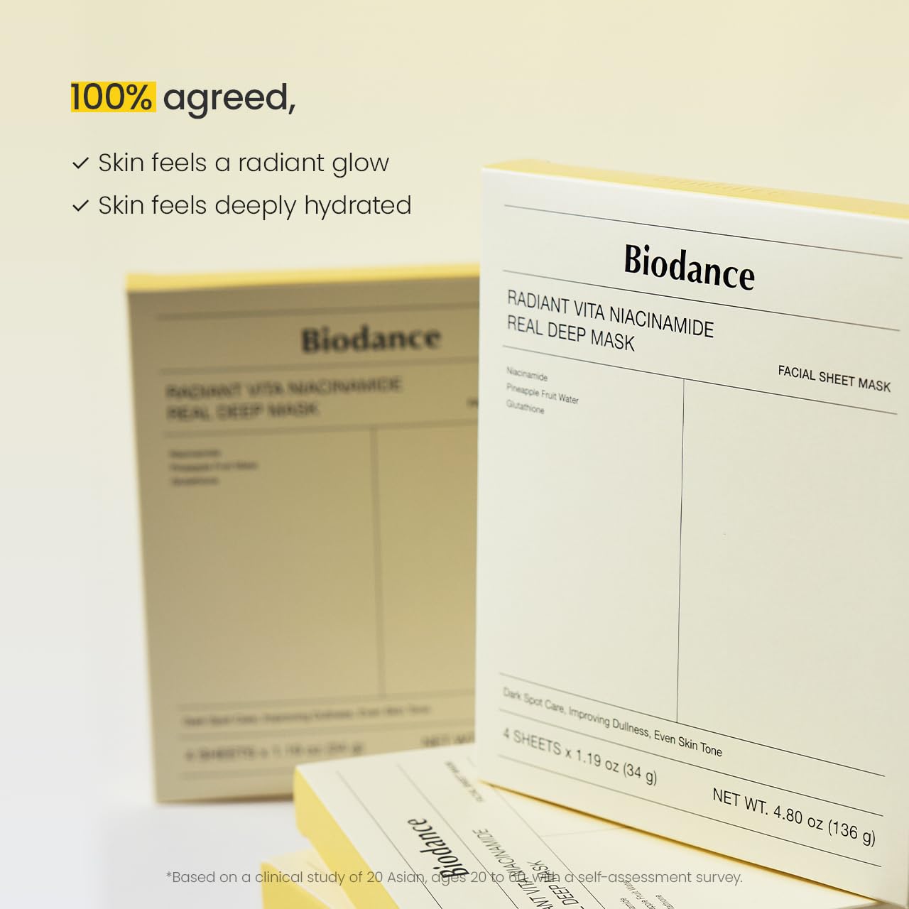 BIODANCE Radiant Vita Niacinamide Real Deep Mask, Hydrogel Mask, Tone Correction, Texture Refining, Radiant Glow, 3-in-1 Visible Care, Korean Skincare, 1.19oz(34g) x 4ea