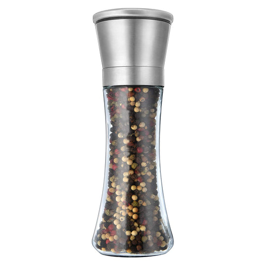 Pepper Grinder or Salt Grinder, Best Spice Mill with Ceramic Blades, Adjustable Coarseness, Brushed Stainless Steel Cap, and Refillable Tall Glass Body with 6OZ Capacity (7.5") - Available at All In One Marketplace Canada