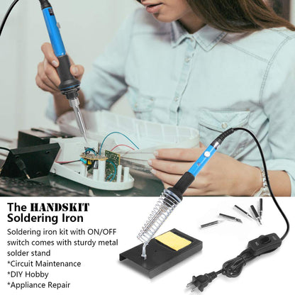 HANDSKIT Soldering Iron Kit, 60W Adjustable Temperature Welding Tool, 5pcs Soldering Iron Tip, Soldering Iron Stand, Desoldering Pump, Tweezers, Solder Wire, Carry Bag