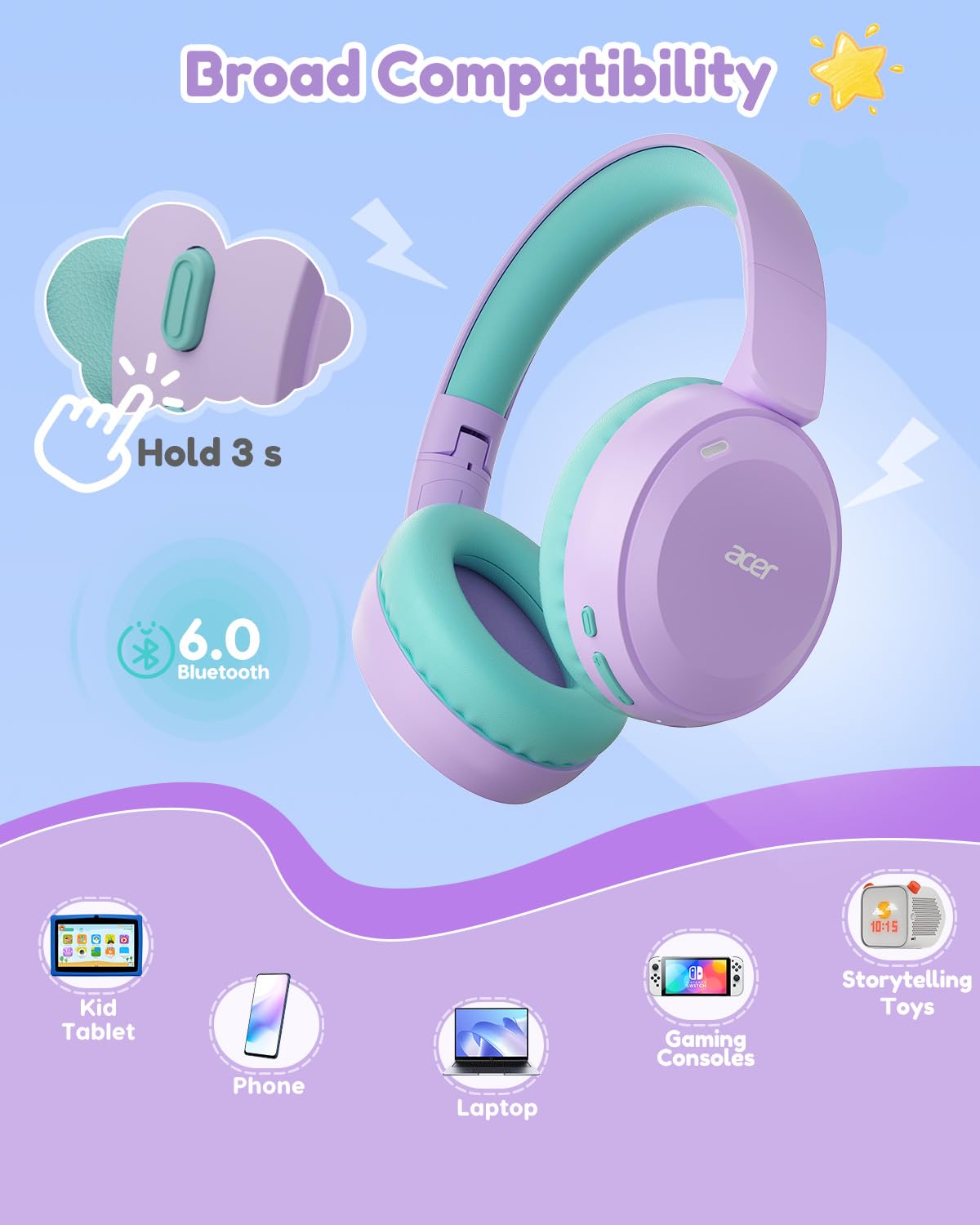 acer Kids Bluetooth Headphones, 85/94dB Volume Limiter, Foldable Wireless Over-Ear Headphones for iPad, Travel, 60H Playtime, Bluetooth 6.0, Built-in Mic, Purple Green, OHR668
