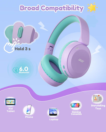 acer Kids Bluetooth Headphones, 85/94dB Volume Limiter, Foldable Wireless Over-Ear Headphones for iPad, Travel, 60H Playtime, Bluetooth 6.0, Built-in Mic, Purple Green, OHR668