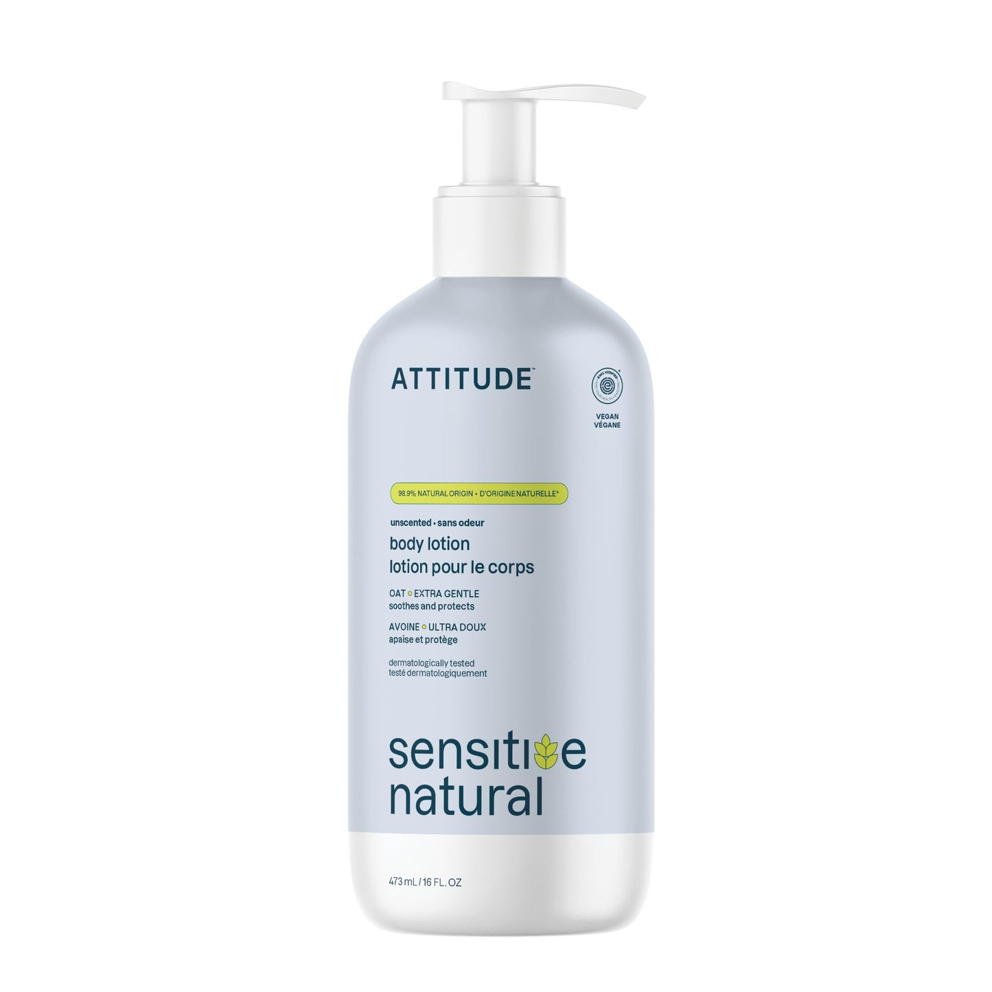 ATTITUDE Body Lotion for Sensitive Skin with Oat, Made in Canada, EWG Verified, Dermatologically Tested, Vegan, Extra Gentle, Unscented, 473 mL - Available at All In One Marketplace Canada