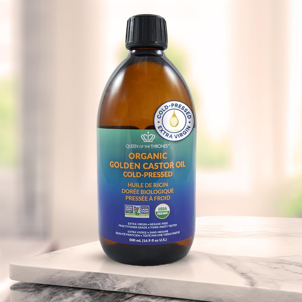 Queen of the Thrones Organic Golden Castor Oil - Pure Cold-Pressed Castor Oil for Self-Care - Multipurpose Clean Beauty Product for Hair, Nails & Skin - Silicone Precision Pump - 16.9 fl oz - Available at All In One Marketplace Canada