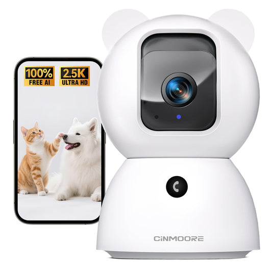 CINMOORE 2.5K Camera Surveillance Interieur, Indoor Security Cam, Free AI Pet/Person/Cry Detection, 4MP Pet Camera with Phone App Pan Tilt 2.4GHz WiFi, Night Vision, Full Duplex Audio