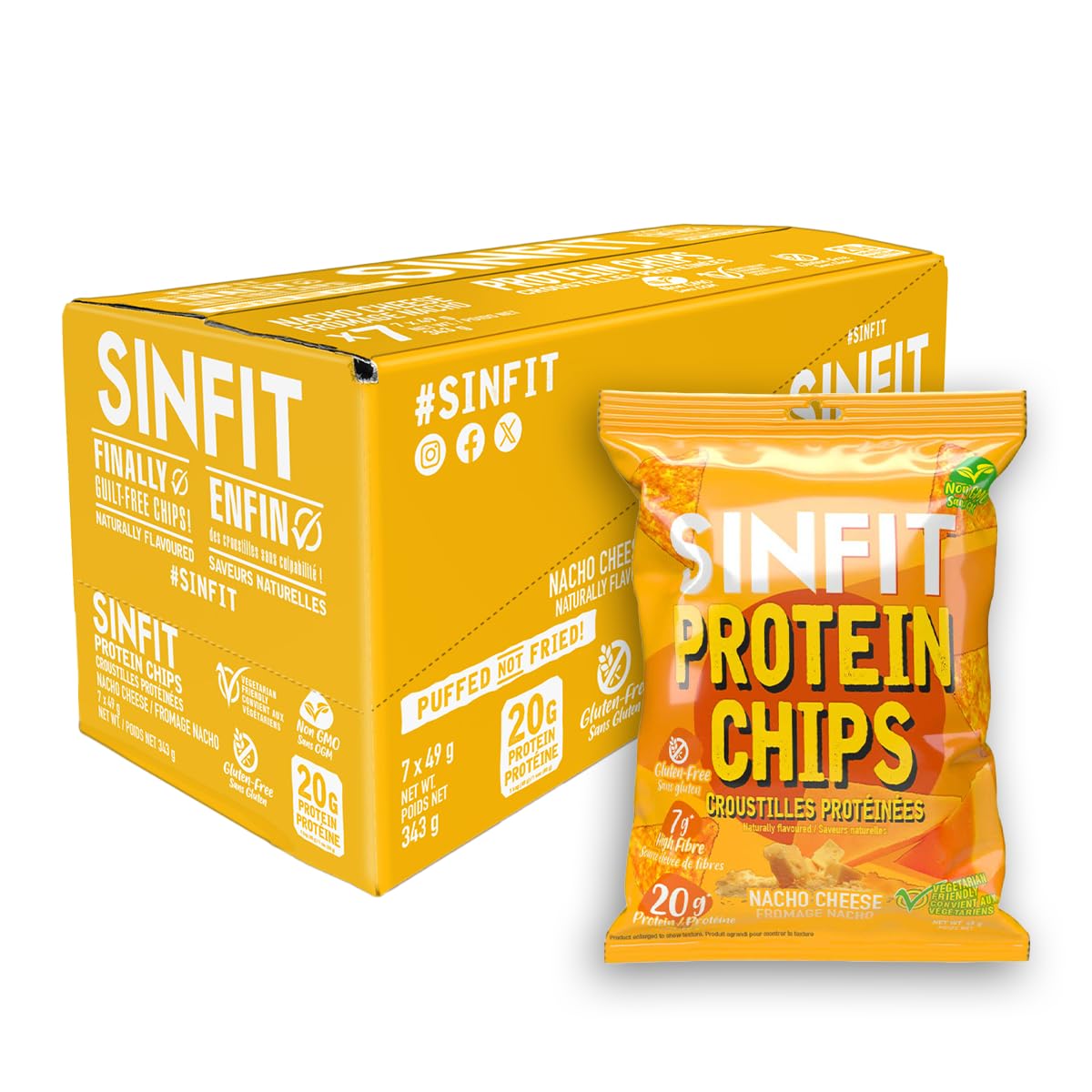 SinFit Protein Chips Nacho Cheese - 20g Protein, High Fiber, Low Carb, Gluten Free (7-Pack)