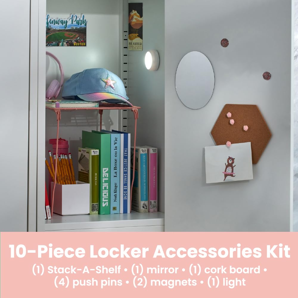 LockerMate 10-Piece Fashion Locker Kit with 12" Stac-A-Shelf, Includes Mirror, Cork Board & Light, Floral Pink