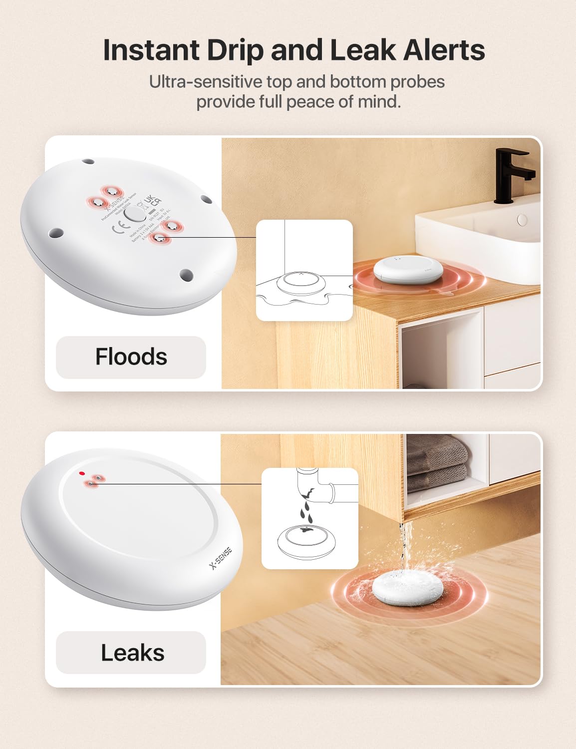X-Sense Wi-Fi Water Leak Detector Kit, Smart Water Sensor Alarm with App Alerts and Ultra-Slim Design, Water Alarm Leak Detector for Basements, 4 Water Sensors and 1 Base Station, Model SWS0A41 - Available at All In One Marketplace Canada